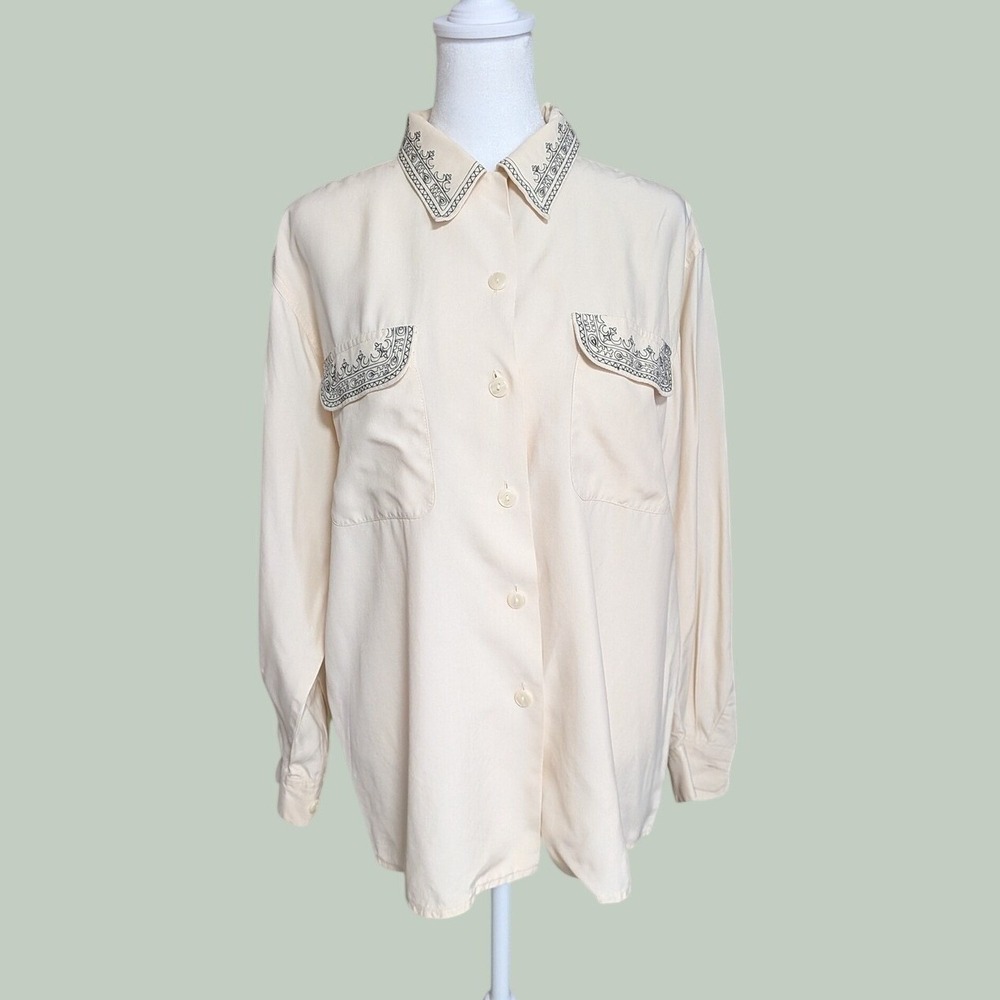 Vintage Nancy Crystal Embroidered Collar Button Down Silk Blouse Cream Size 6